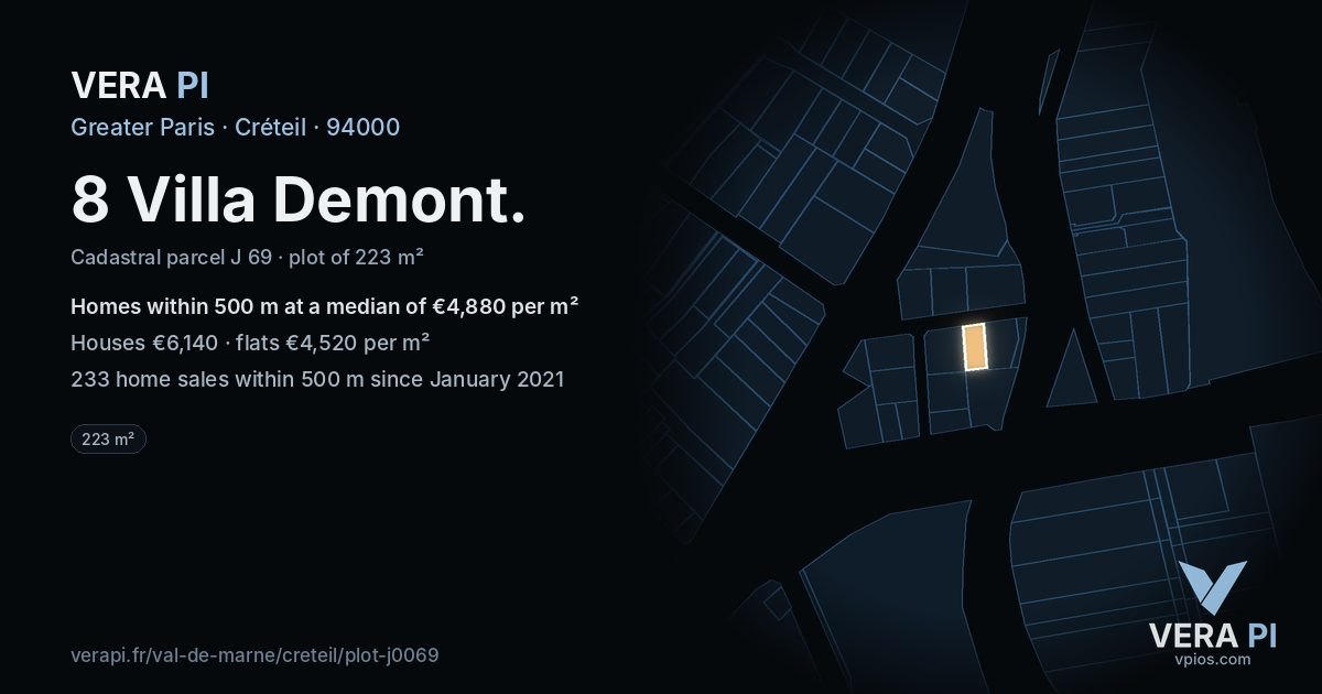 8 Villa Demont, Créteil at night – the plot lit, the parcels around coloured by the prices near them