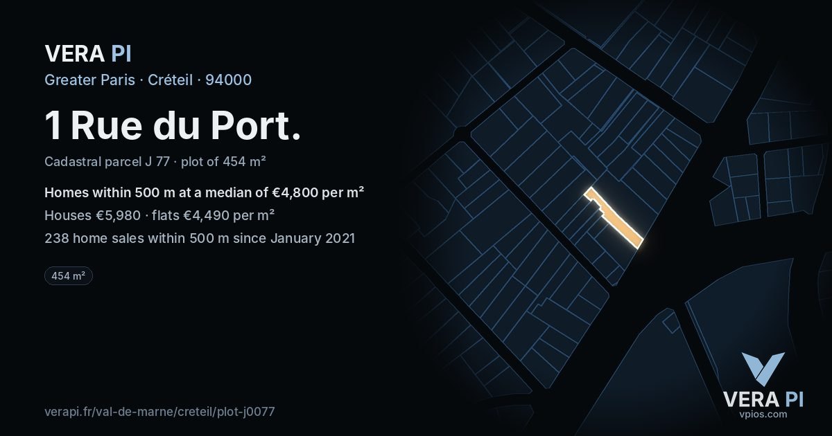 1 Rue du Port, Créteil at night – the plot lit, the parcels around coloured by the prices near them