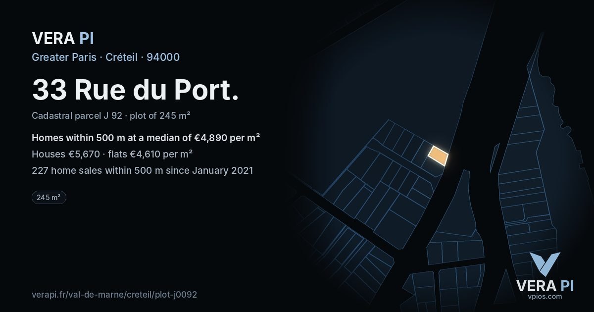 33 Rue du Port, Créteil at night – the plot lit, the parcels around coloured by the prices near them