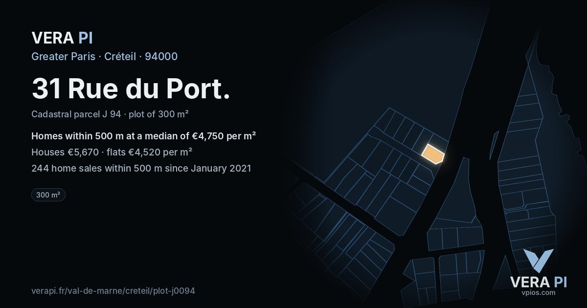 31 Rue du Port, Créteil at night – the plot lit, the parcels around coloured by the prices near them