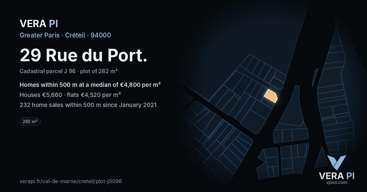 29 Rue du Port, Créteil at night – the plot lit, the parcels around coloured by the prices near them