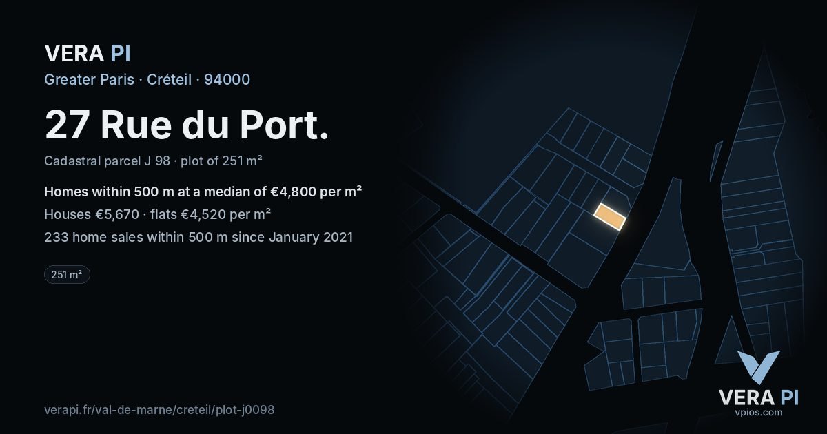 27 Rue du Port, Créteil at night – the plot lit, the parcels around coloured by the prices near them