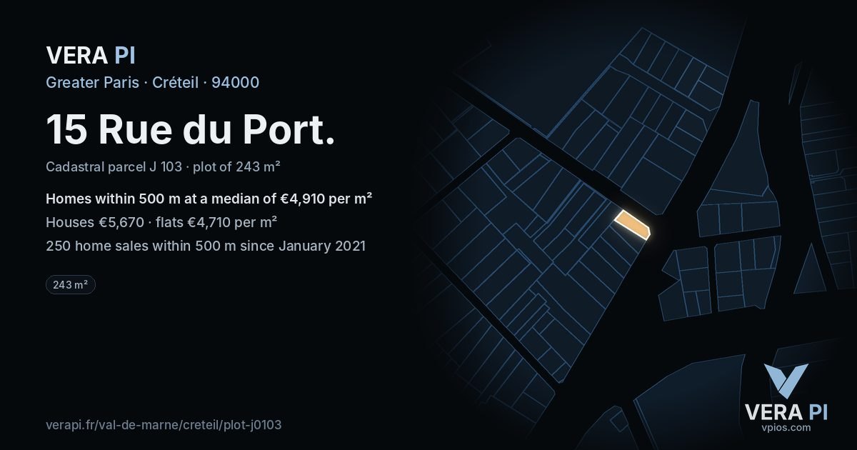 15 Rue du Port, Créteil at night – the plot lit, the parcels around coloured by the prices near them