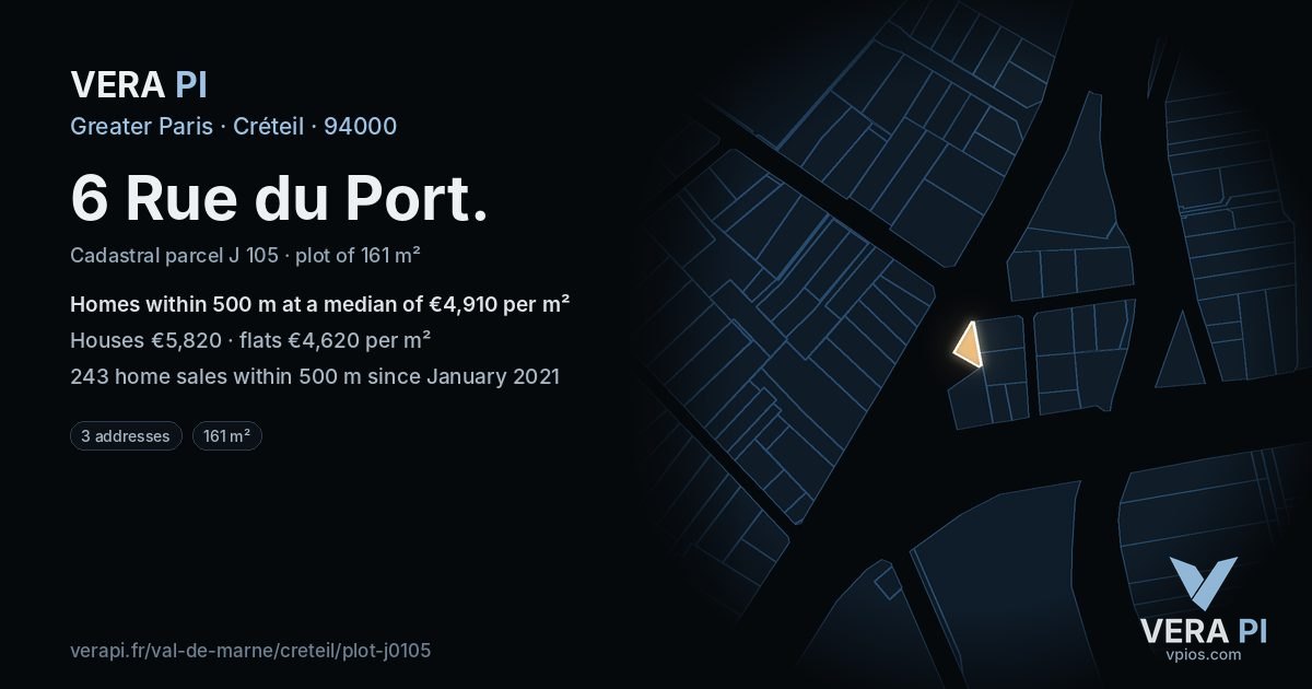 6 Rue du Port, Créteil at night – the plot lit, the parcels around coloured by the prices near them