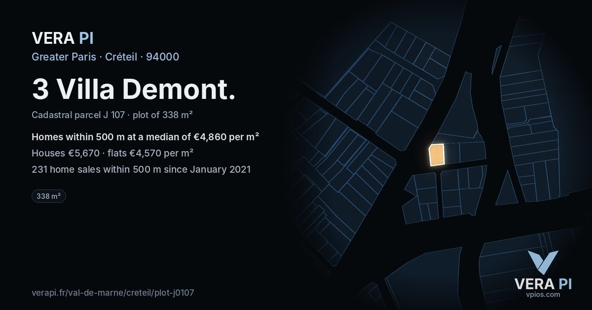 3 Villa Demont, Créteil at night – the plot lit, the parcels around coloured by the prices near them