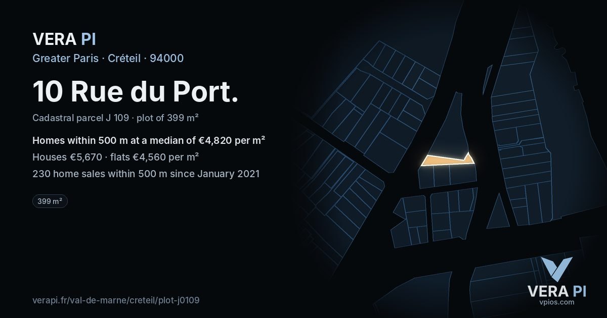 10 Rue du Port, Créteil at night – the plot lit, the parcels around coloured by the prices near them