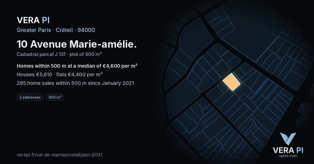 10 Avenue Marie-amélie, Créteil at night – the plot lit, the parcels around coloured by the prices near them