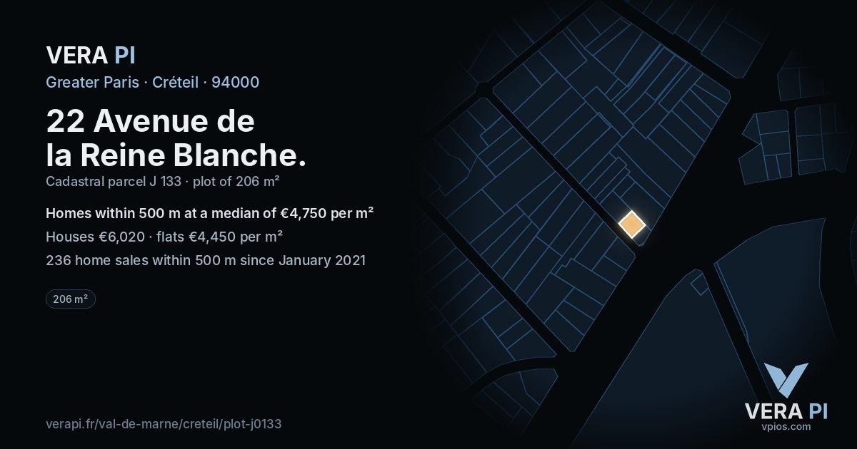 22 Avenue de la Reine Blanche, Créteil at night – the plot lit, the parcels around coloured by the prices near them