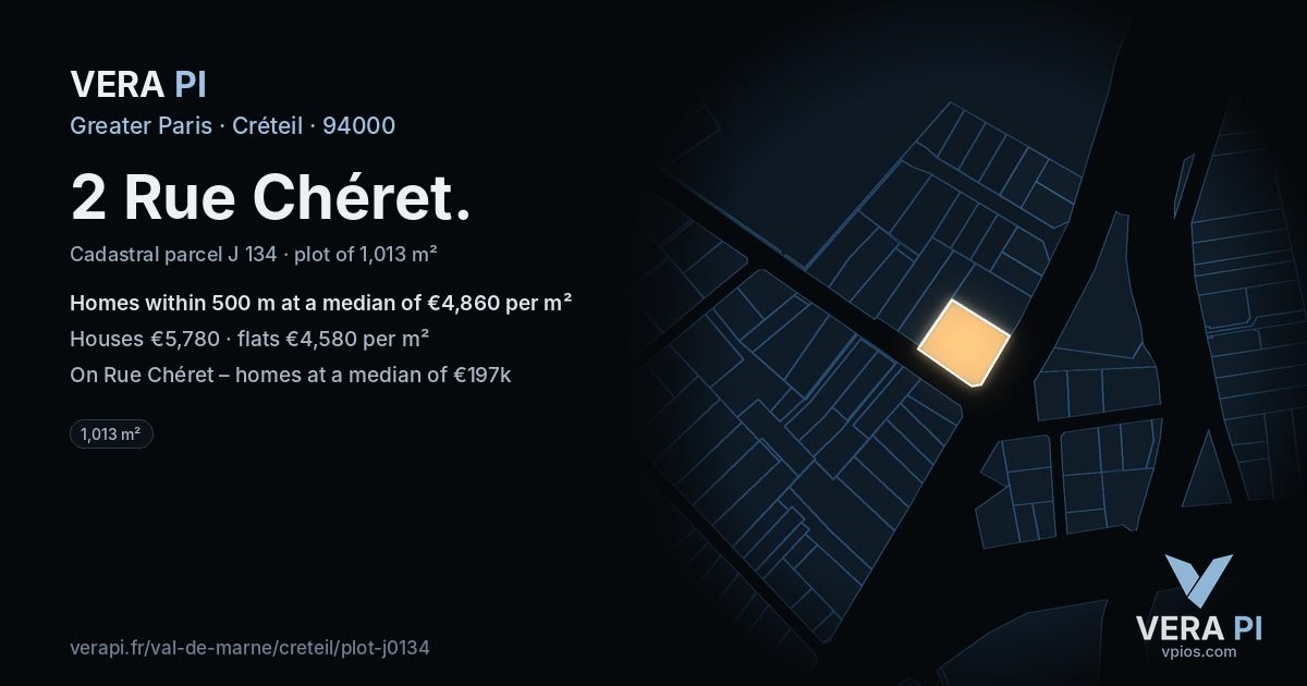 2 Rue Chéret, Créteil at night – the plot lit, the parcels around coloured by the prices near them