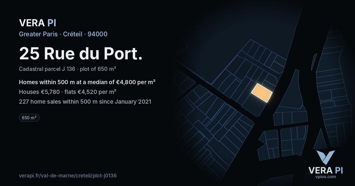 25 Rue du Port, Créteil at night – the plot lit, the parcels around coloured by the prices near them