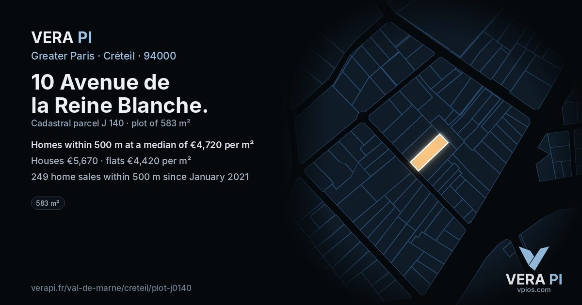 10 Avenue de la Reine Blanche, Créteil at night – the plot lit, the parcels around coloured by the prices near them