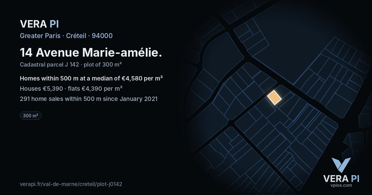14 Avenue Marie-amélie, Créteil at night – the plot lit, the parcels around coloured by the prices near them