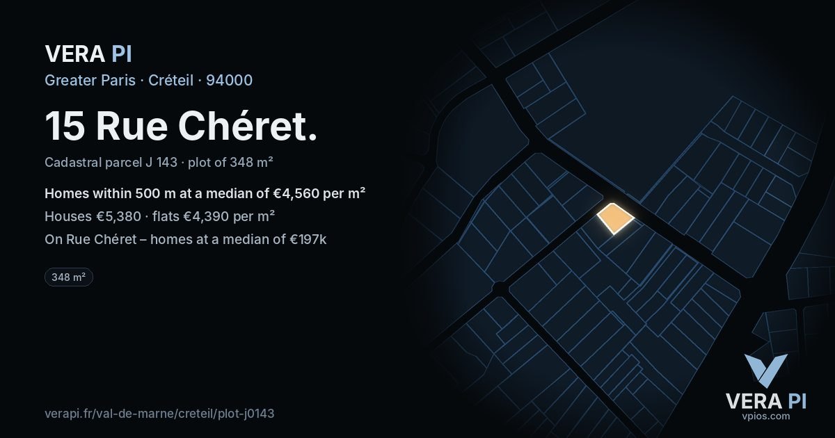 15 Rue Chéret, Créteil at night – the plot lit, the parcels around coloured by the prices near them