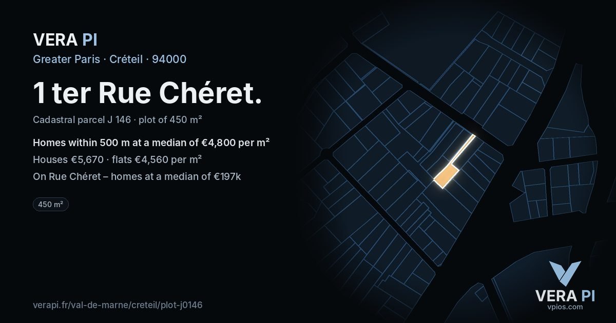 1 ter Rue Chéret, Créteil at night – the plot lit, the parcels around coloured by the prices near them