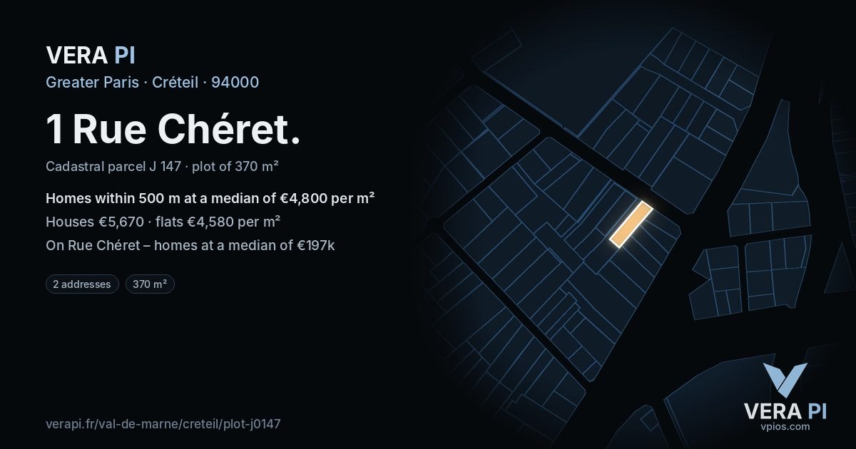 1 Rue Chéret, Créteil at night – the plot lit, the parcels around coloured by the prices near them