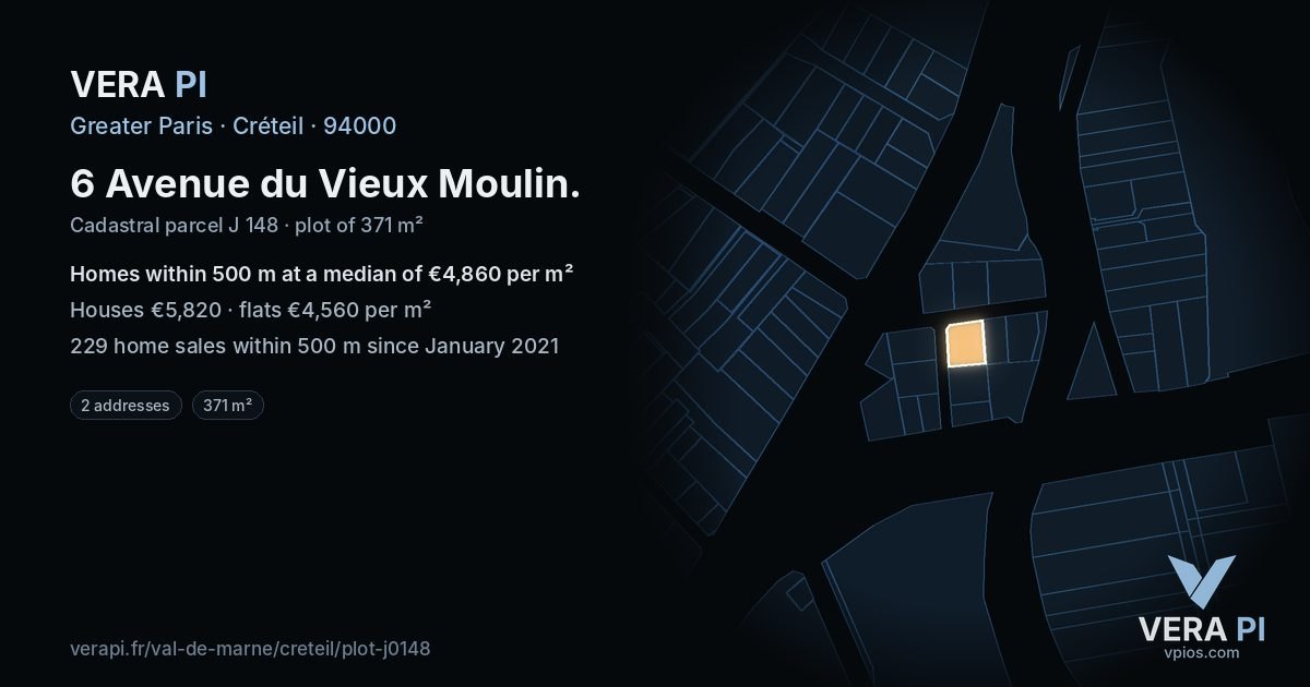 6 Avenue du Vieux Moulin, Créteil at night – the plot lit, the parcels around coloured by the prices near them