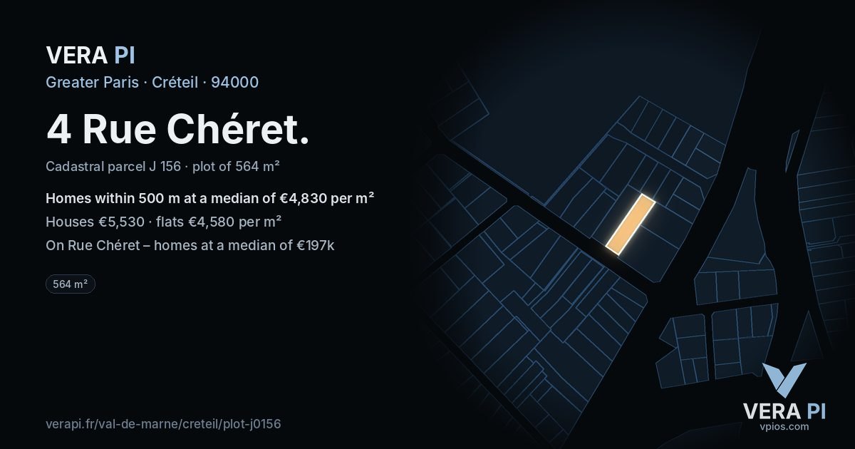 4 Rue Chéret, Créteil at night – the plot lit, the parcels around coloured by the prices near them