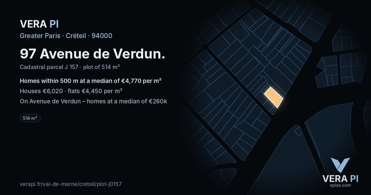 97 Avenue de Verdun, Créteil at night – the plot lit, the parcels around coloured by the prices near them