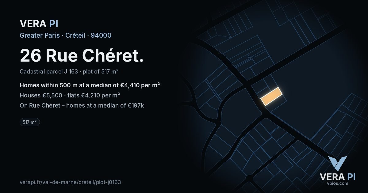26 Rue Chéret, Créteil at night – the plot lit, the parcels around coloured by the prices near them