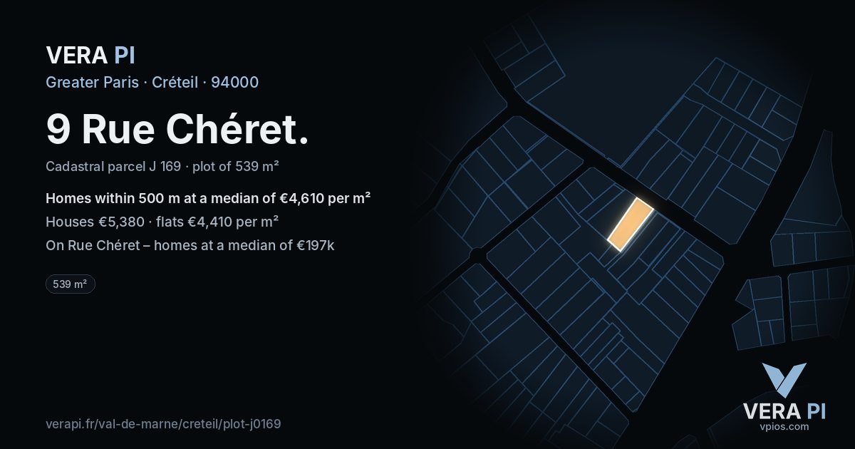 9 Rue Chéret, Créteil at night – the plot lit, the parcels around coloured by the prices near them