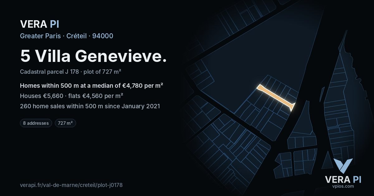 5 Villa Genevieve, Créteil at night – the plot lit, the parcels around coloured by the prices near them