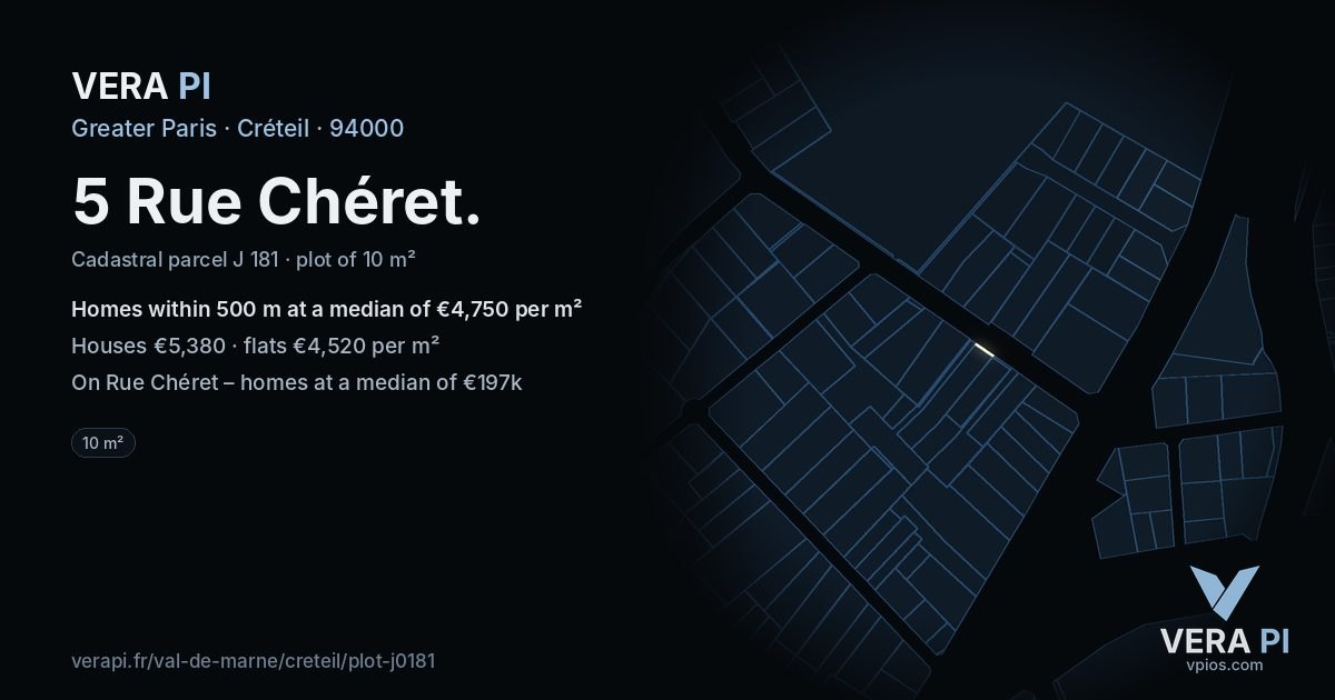 5 Rue Chéret, Créteil at night – the plot lit, the parcels around coloured by the prices near them