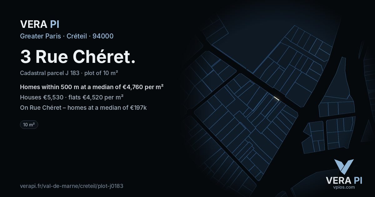 3 Rue Chéret, Créteil at night – the plot lit, the parcels around coloured by the prices near them