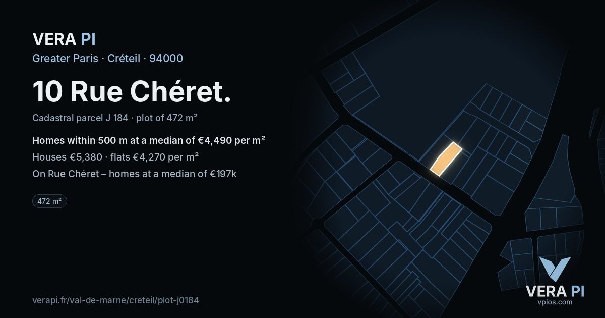10 Rue Chéret, Créteil at night – the plot lit, the parcels around coloured by the prices near them