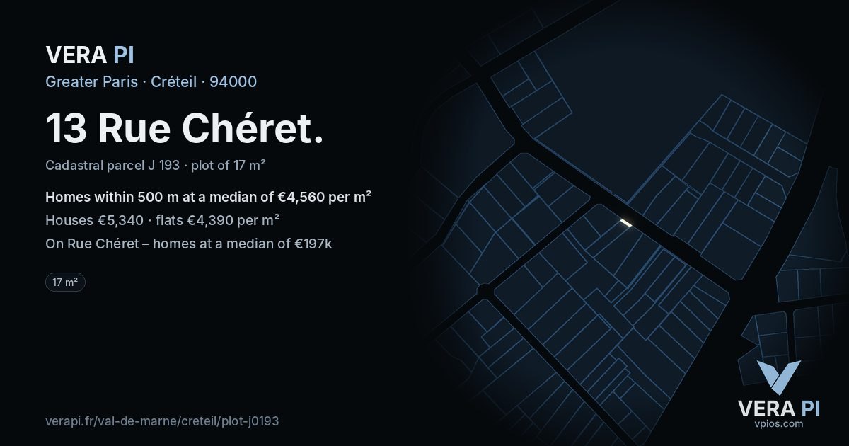 13 Rue Chéret, Créteil at night – the plot lit, the parcels around coloured by the prices near them