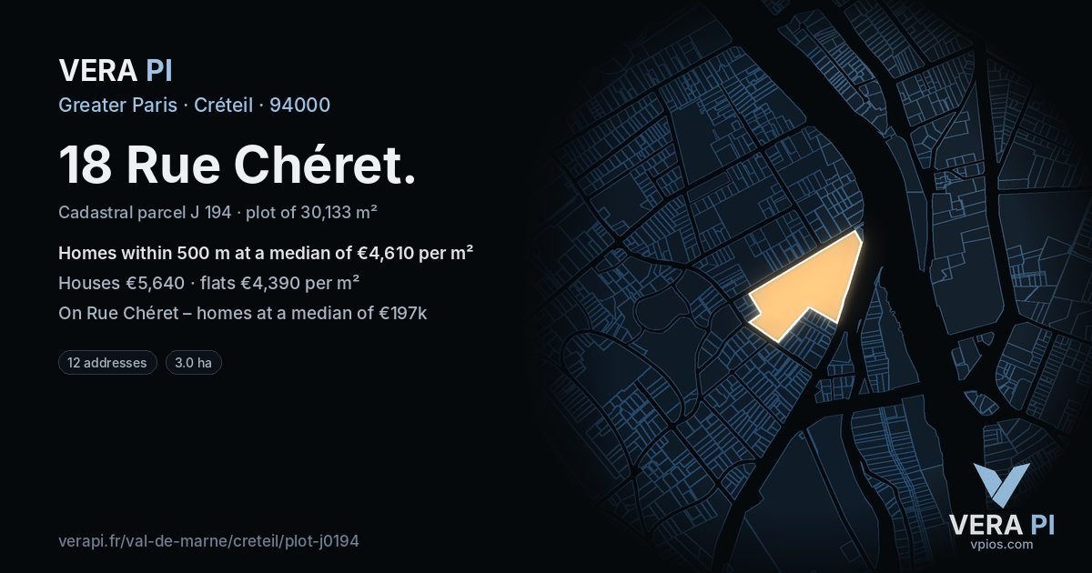 18 Rue Chéret, Créteil at night – the plot lit, the parcels around coloured by the prices near them