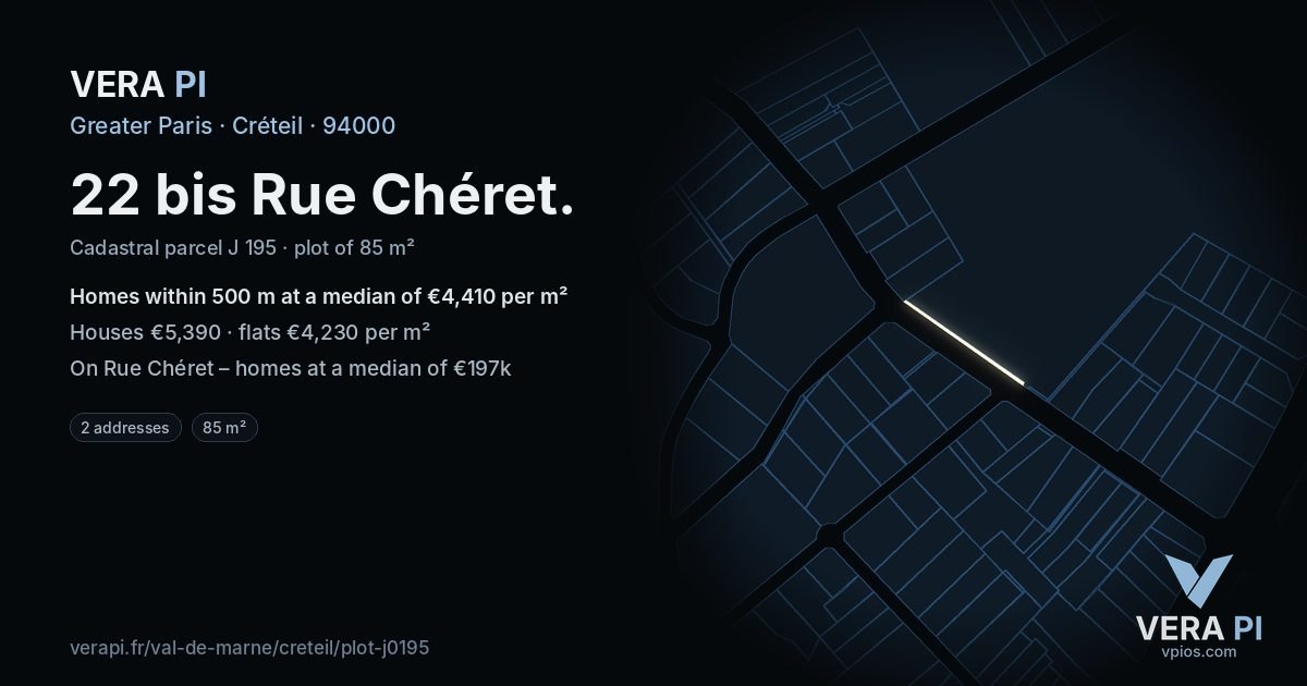 22 bis Rue Chéret, Créteil at night – the plot lit, the parcels around coloured by the prices near them