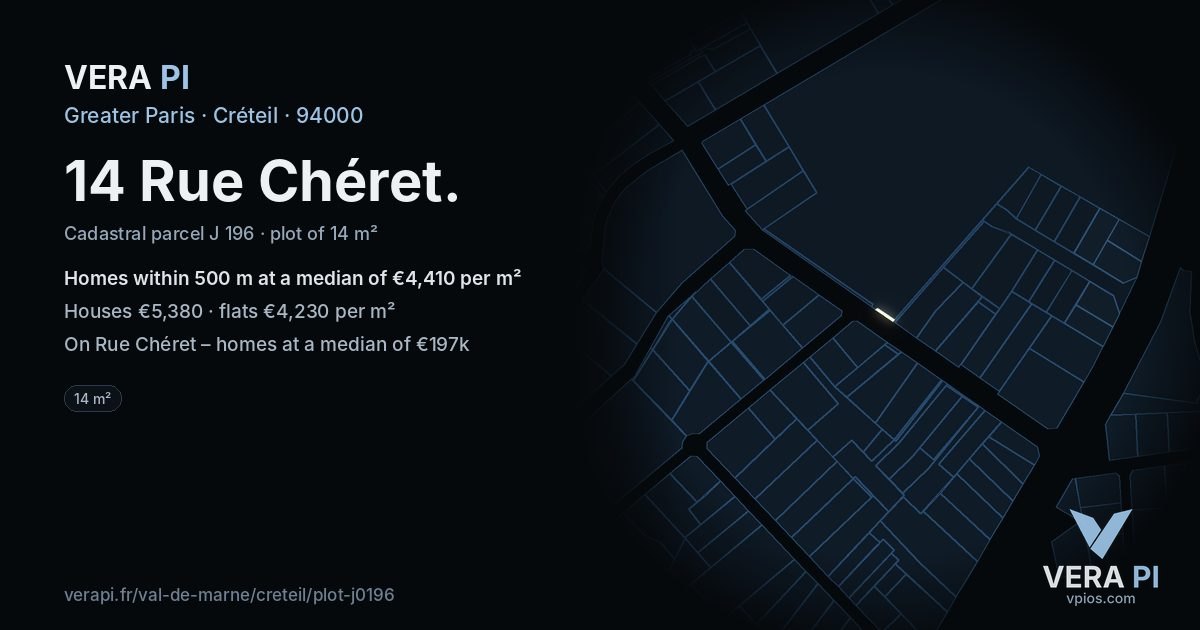 14 Rue Chéret, Créteil at night – the plot lit, the parcels around coloured by the prices near them