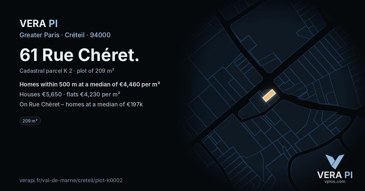 61 Rue Chéret, Créteil at night – the plot lit, the parcels around coloured by the prices near them
