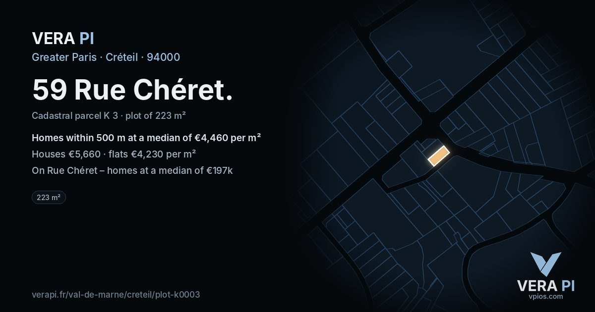 59 Rue Chéret, Créteil at night – the plot lit, the parcels around coloured by the prices near them