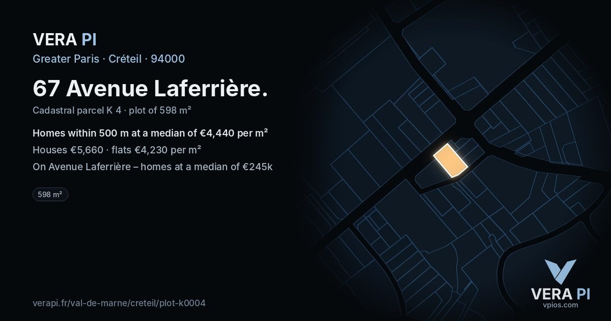 67 Avenue Laferrière, Créteil at night – the plot lit, the parcels around coloured by the prices near them