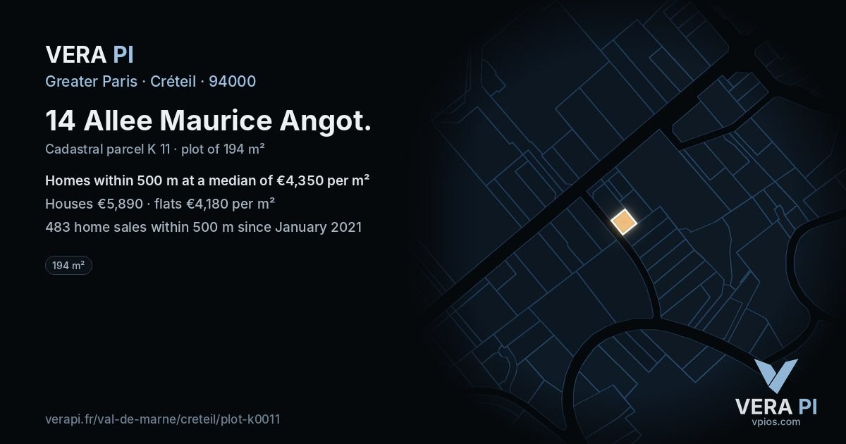 14 Allee Maurice Angot, Créteil at night – the plot lit, the parcels around coloured by the prices near them