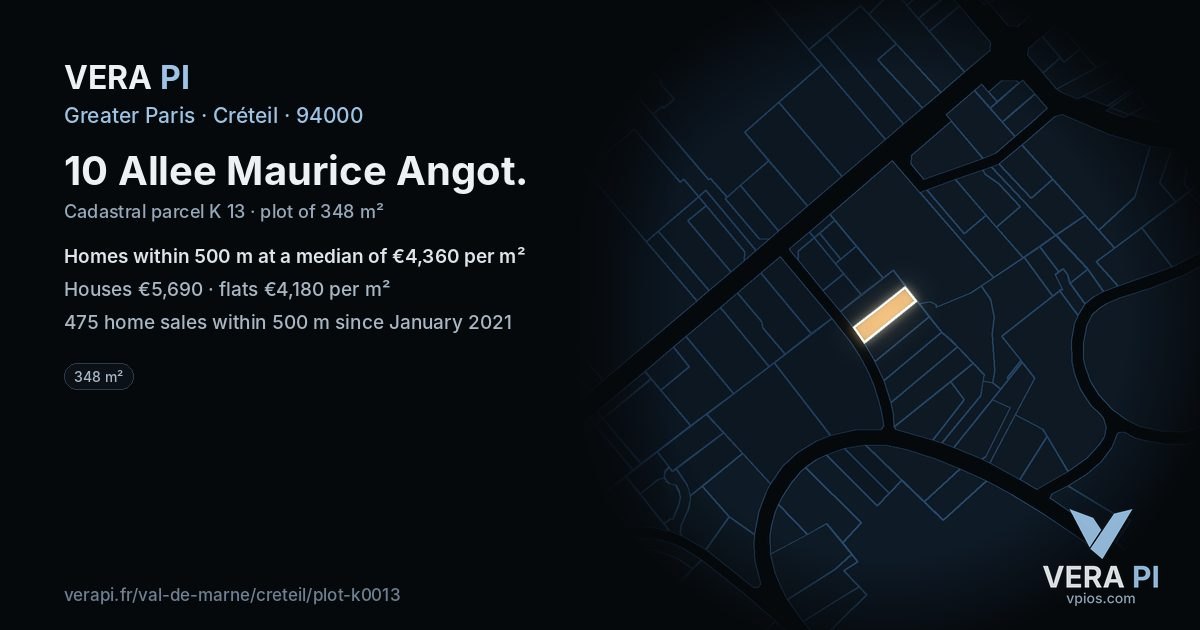 10 Allee Maurice Angot, Créteil at night – the plot lit, the parcels around coloured by the prices near them
