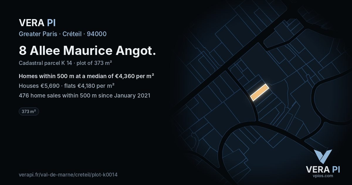 8 Allee Maurice Angot, Créteil at night – the plot lit, the parcels around coloured by the prices near them