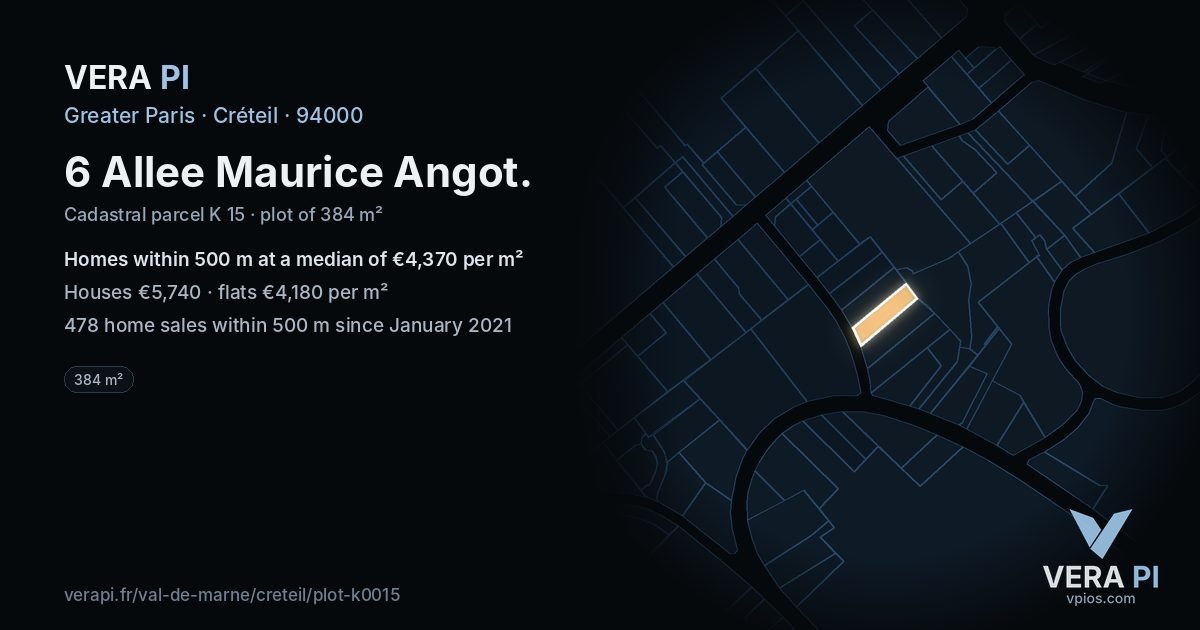 6 Allee Maurice Angot, Créteil at night – the plot lit, the parcels around coloured by the prices near them
