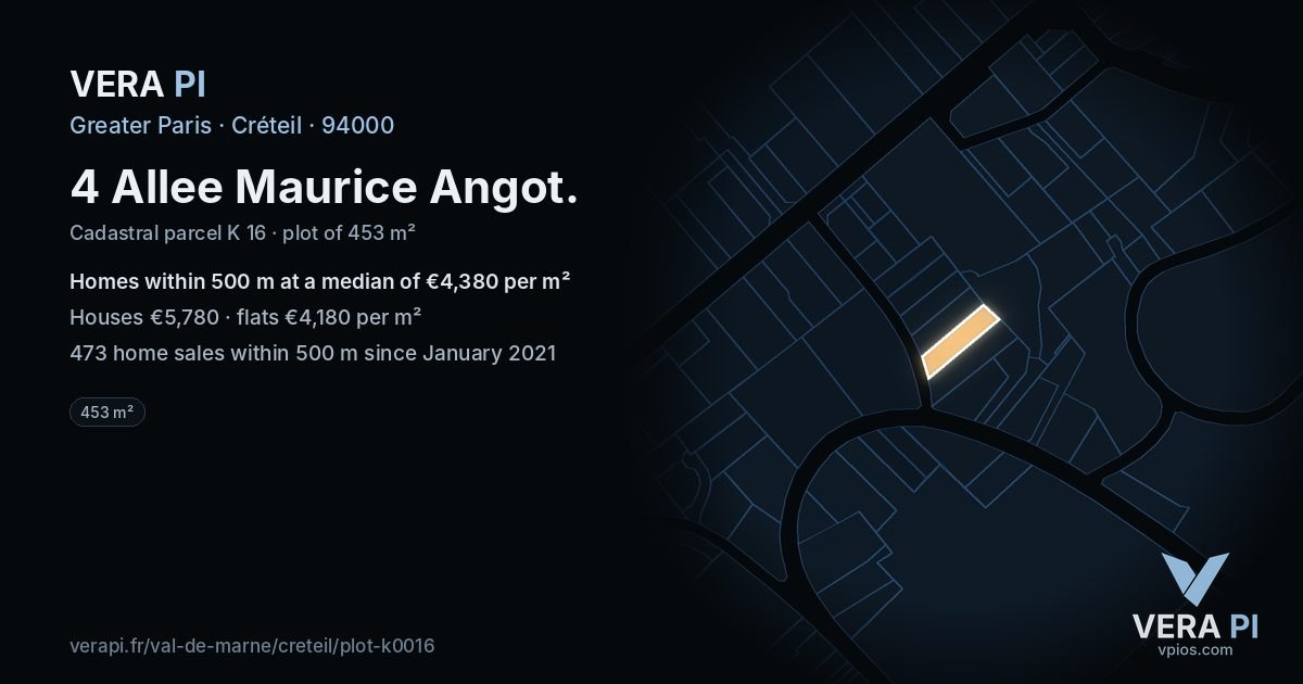 4 Allee Maurice Angot, Créteil at night – the plot lit, the parcels around coloured by the prices near them