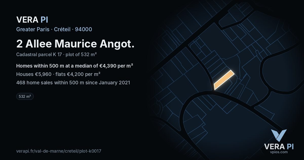 2 Allee Maurice Angot, Créteil at night – the plot lit, the parcels around coloured by the prices near them