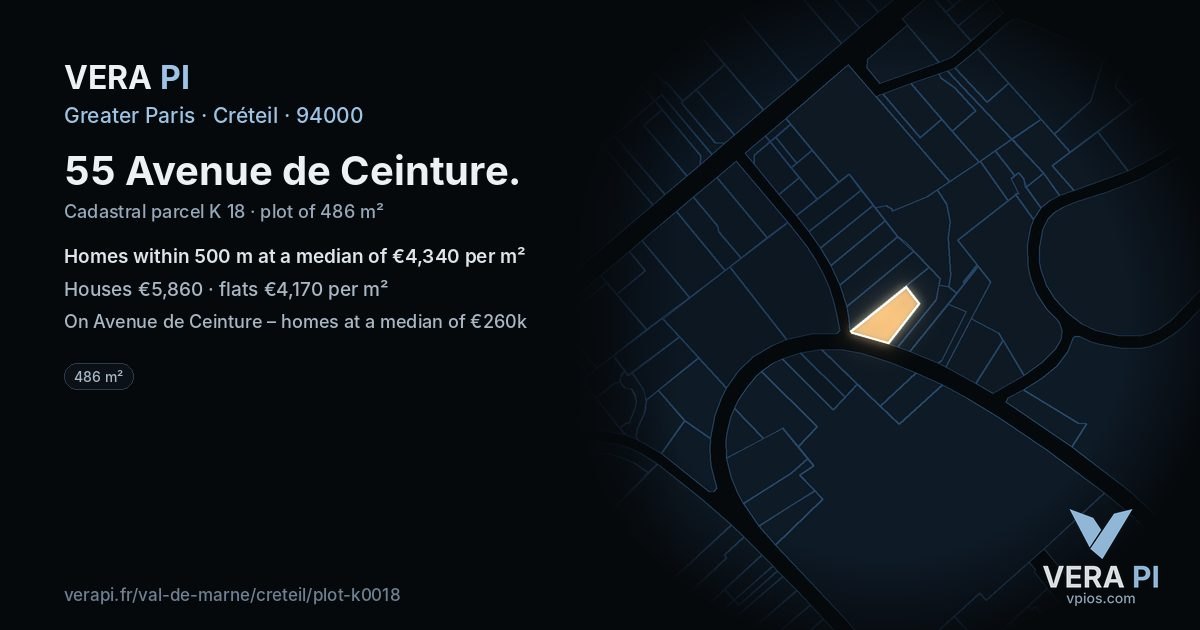 55 Avenue de Ceinture, Créteil at night – the plot lit, the parcels around coloured by the prices near them