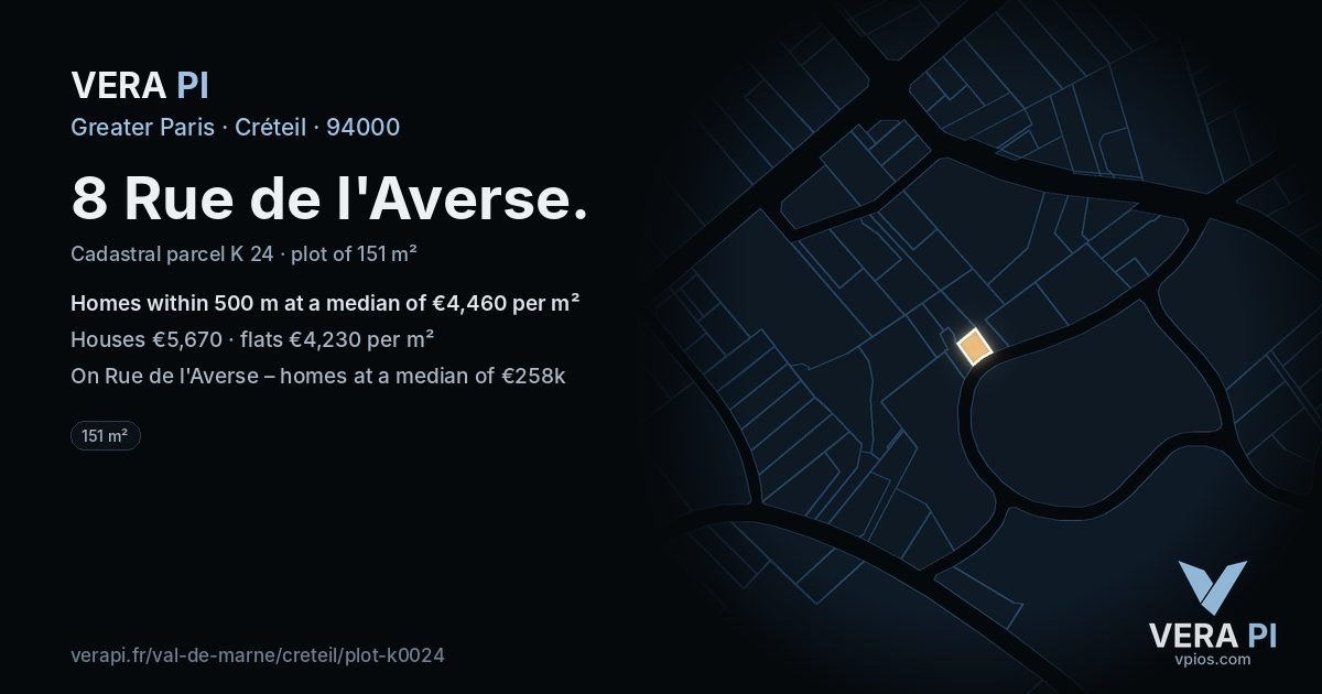 8 Rue de l'Averse, Créteil at night – the plot lit, the parcels around coloured by the prices near them