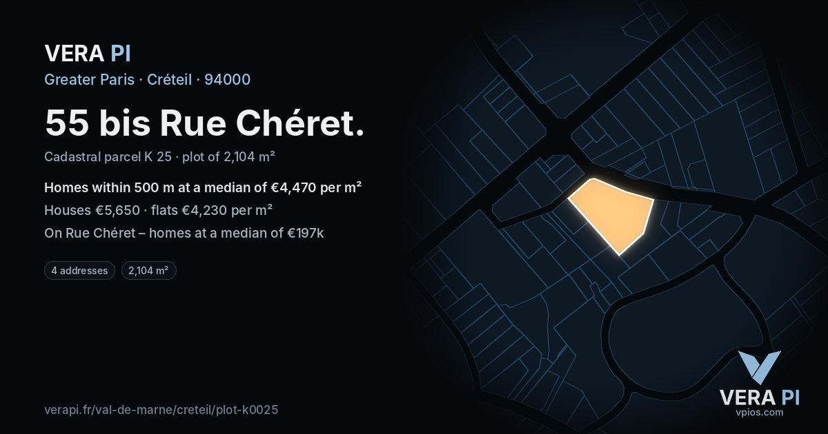 55 bis Rue Chéret, Créteil at night – the plot lit, the parcels around coloured by the prices near them