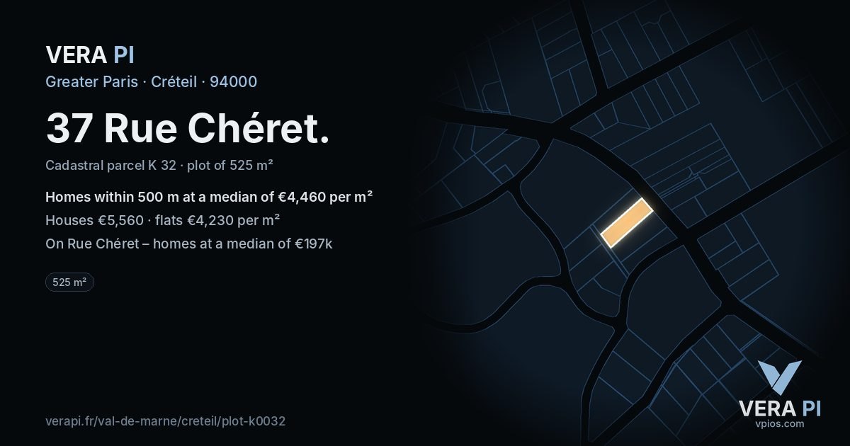37 Rue Chéret, Créteil at night – the plot lit, the parcels around coloured by the prices near them