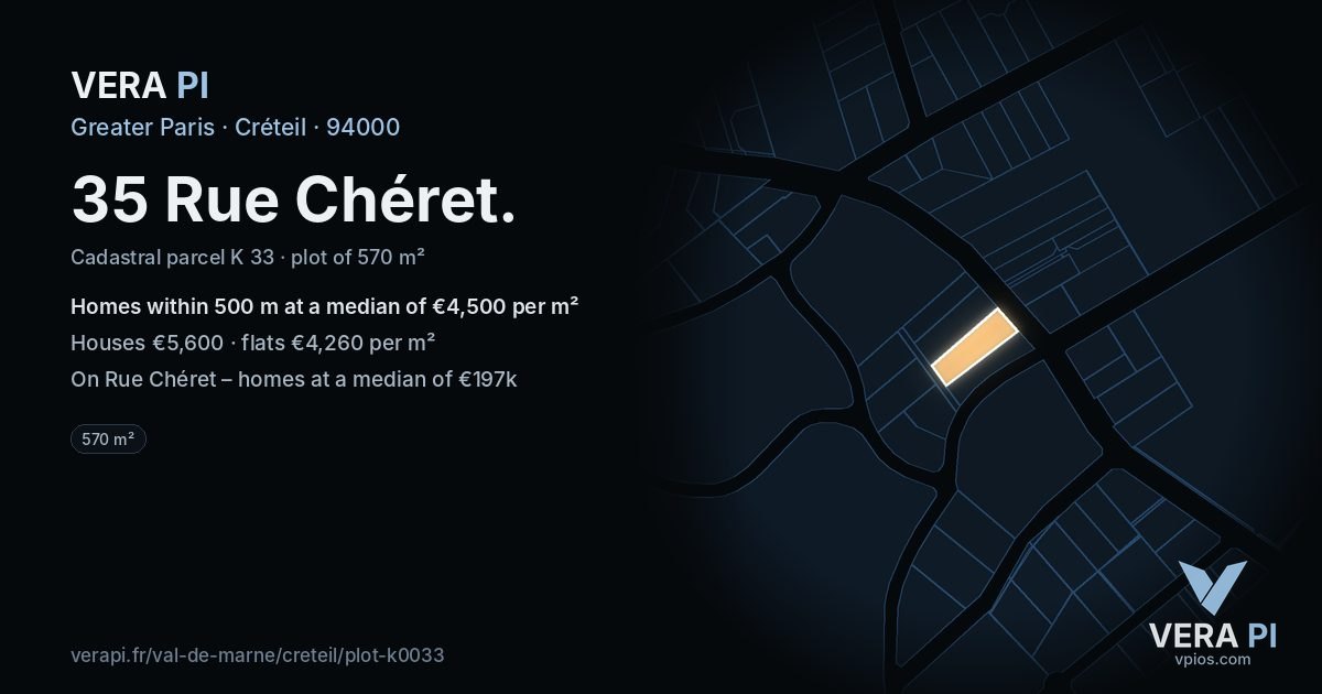 35 Rue Chéret, Créteil at night – the plot lit, the parcels around coloured by the prices near them