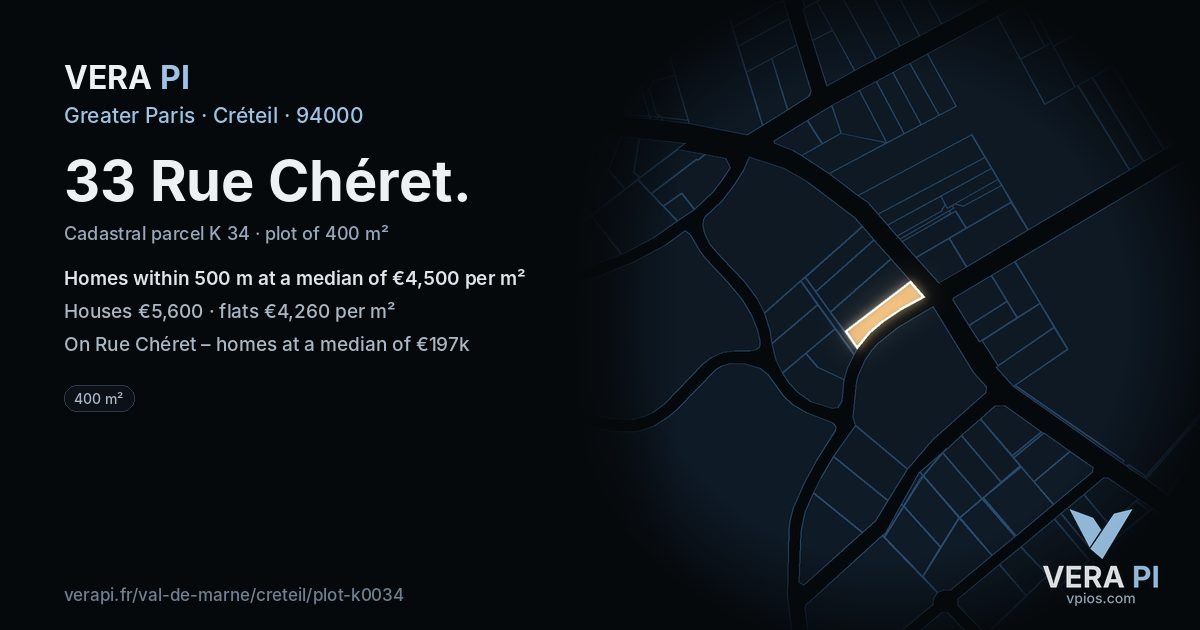 33 Rue Chéret, Créteil at night – the plot lit, the parcels around coloured by the prices near them
