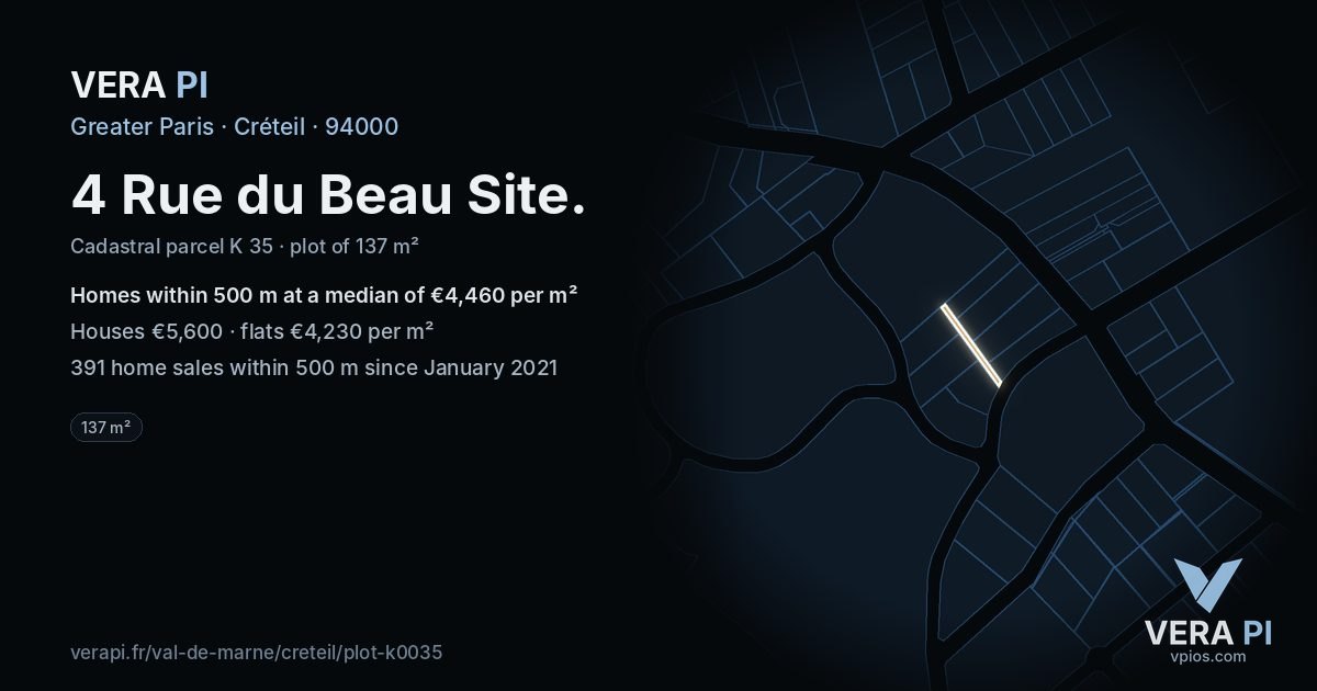 4 Rue du Beau Site, Créteil at night – the plot lit, the parcels around coloured by the prices near them