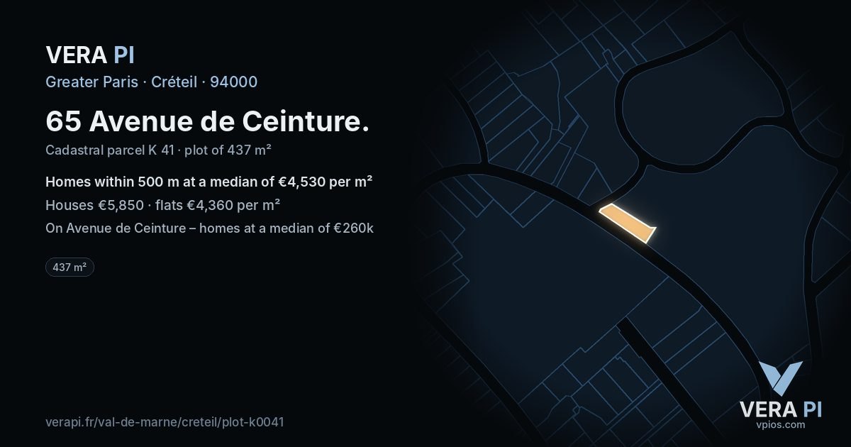 65 Avenue de Ceinture, Créteil at night – the plot lit, the parcels around coloured by the prices near them