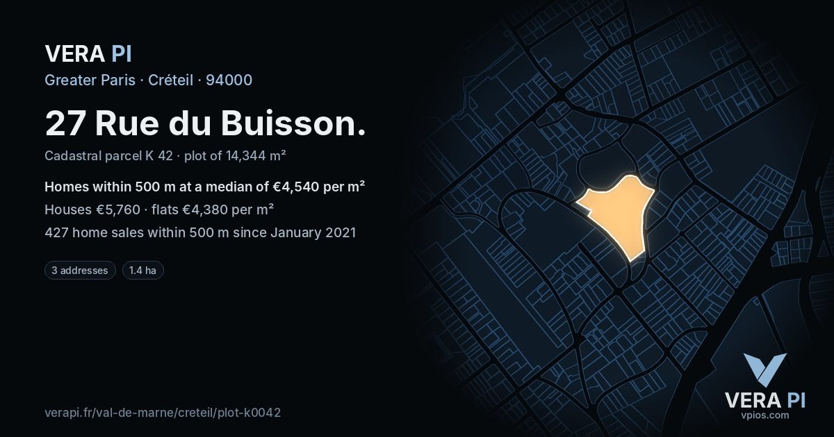 27 Rue du Buisson, Créteil at night – the plot lit, the parcels around coloured by the prices near them